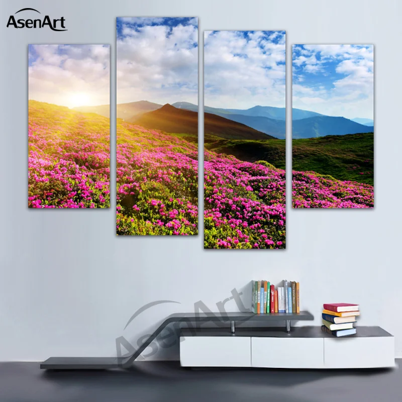 4 панели стены искусства холст печать цветок горы Картина Пейзаж с деревом для
