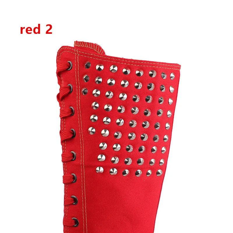 red 2 Новые модные женские парусиновые сапоги 3 цветов сапоги до колена на молнии с заклепками обувь на плоской подошве Повседневные высокие сапоги в стиле панк для девушек - Цвет: red 2