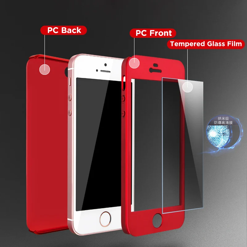 360 Degree Hard protective case For iPhone 5 5s SE 3 in 1 with tempered glass Shockproof PC Front Back Cover Full Body Coverage |