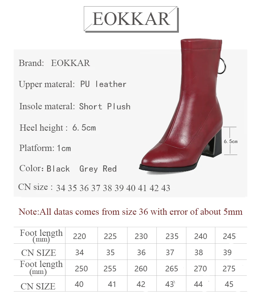 

Eokkar 2020 New Fashion Women Ankle Boots Pu Leather Pointed Toe Square High Heel All Match Zipper Winter Ladies Boot Size 34-43