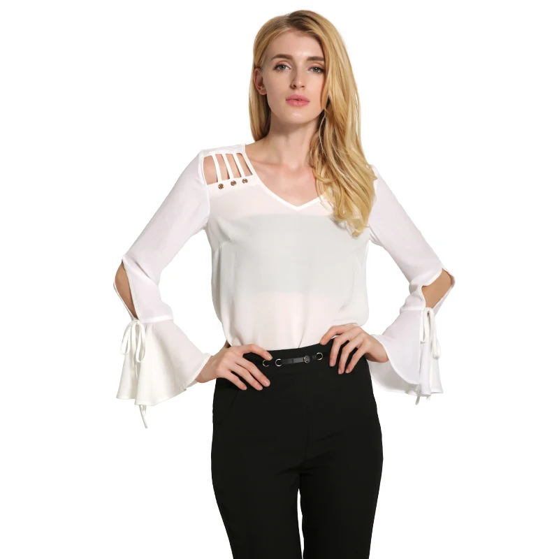 Мода Женщины Шифон Блузки Рубашки С Длинным Рукавом Blusas Mujer Твердые Выдалбливают