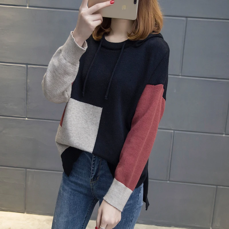 

women knit cloth long-sleeved turtleneck sweater casual sweaters cap coat knitwear girl loose top design clothes korean fashion