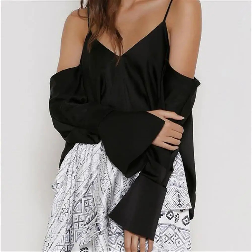 2018 New Arrival Autumn Women Blouse Off Shoulder Long Sleeve Solid Color Sexy V Neck Shirts For Female |