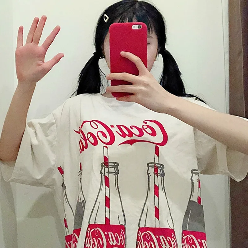 Women's Round casual summer tee shirt fashion tshirt hot sales girls cool Neck Cartoon Coke Print Short Sleeve Long T-Shirt
