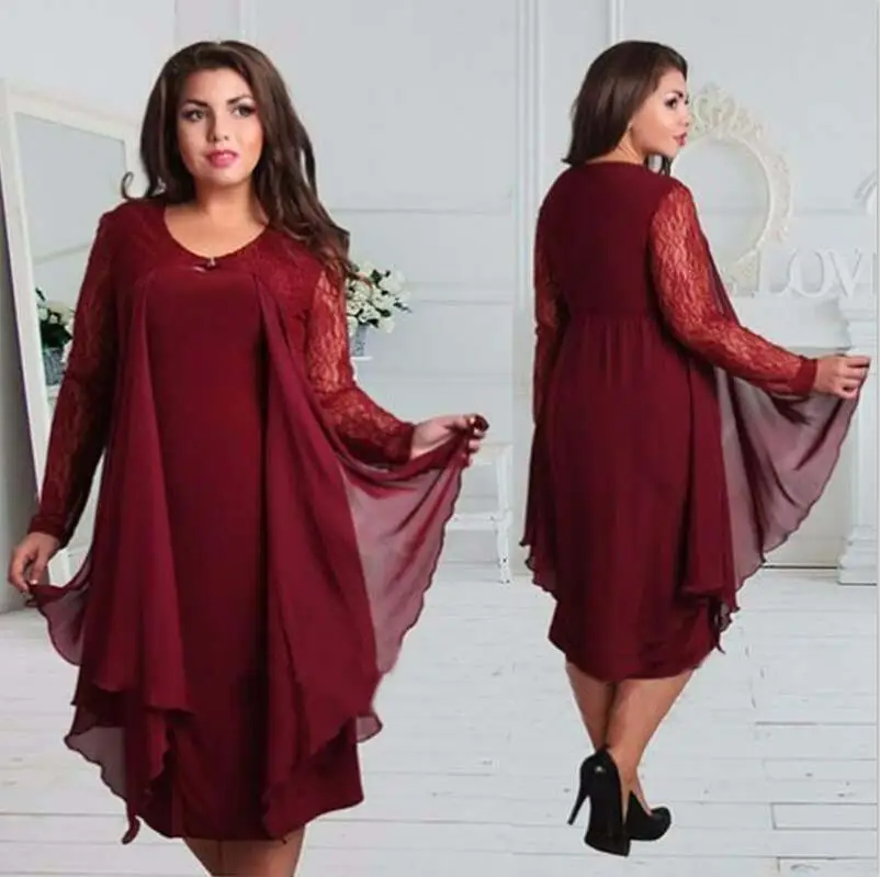 

2020 Women Dress Plus Size Sheer Lace Sleeve High Low Hem O-neck Swing Dress Casual Party Dresses Large Sizes 6xl Vestidos
