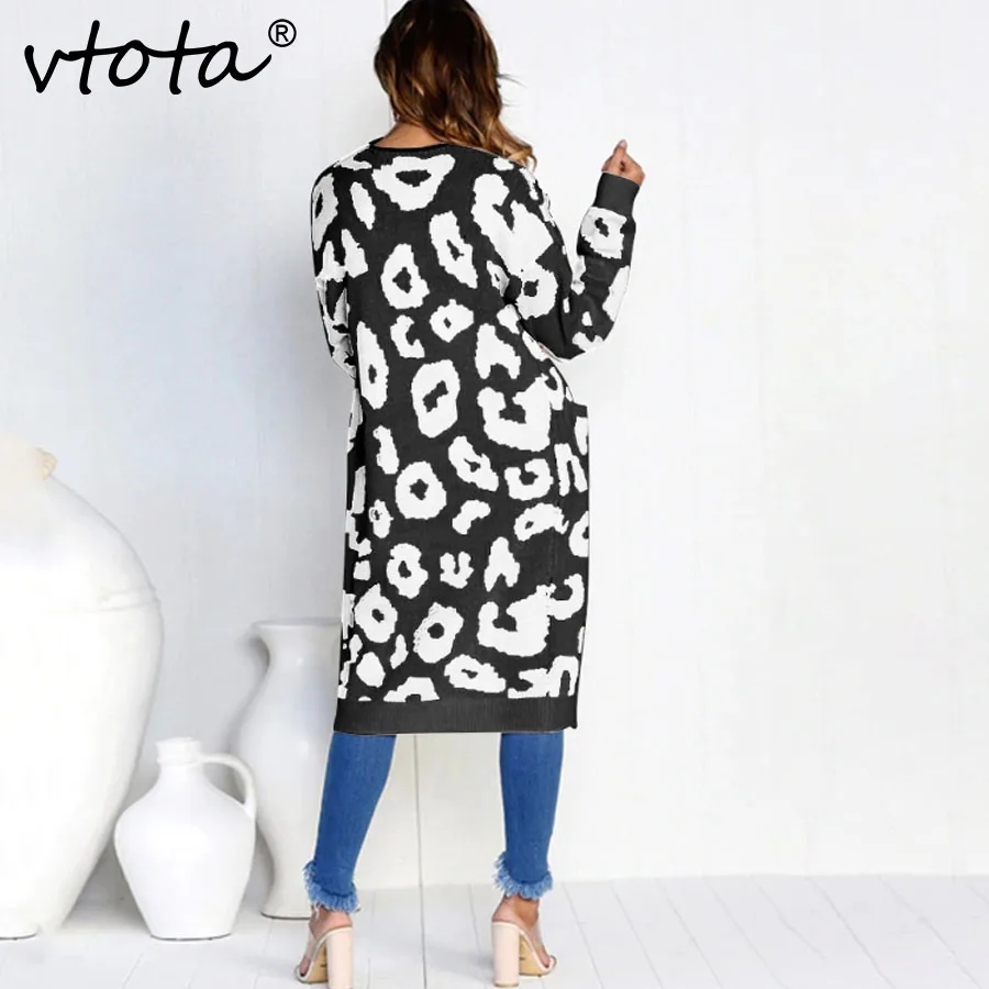 VTOTA 2018 Autumn Outwear Coats Women Cardigan Long Leopard Knitted Sleeve Sweater Overcoat For Female C20 |