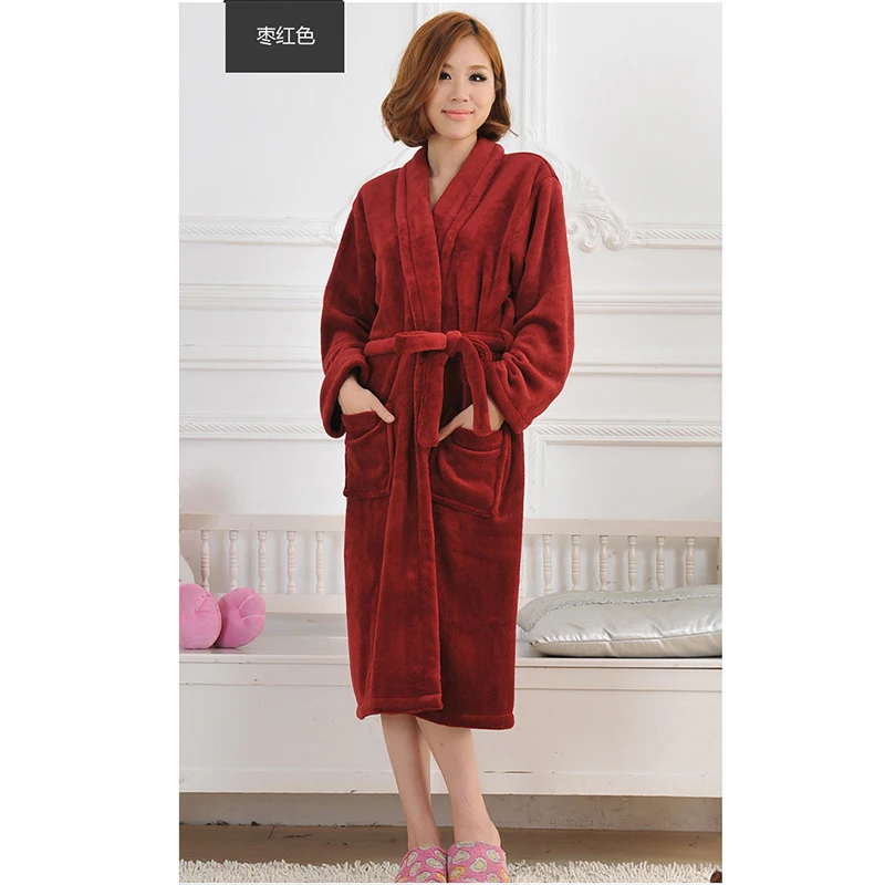 Jujube Red Фланелевый банный халат для женщин и мужчин, одежда для сна, Осень-зима, Одноцветный плюшевый парный халат, толстый теплый женский халат, Прямая поставка - Цвет: Jujube Red