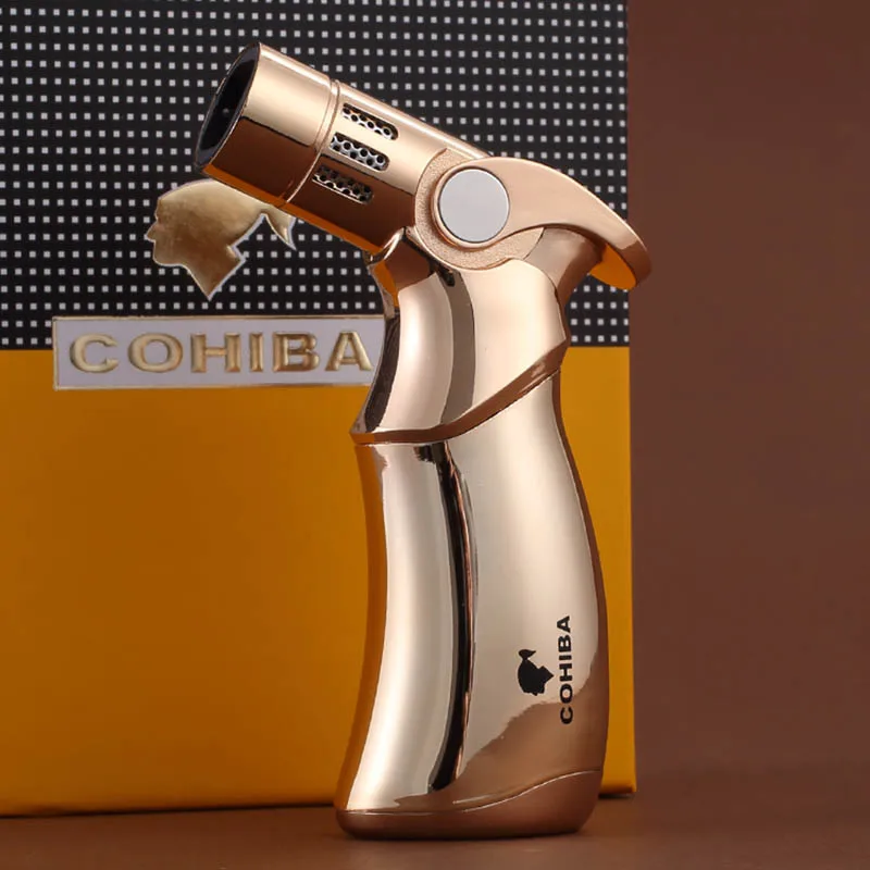 COHIBA Высокое качество металла Firedragon пистолет Стиль газ-бутан ветрозащищенная тройной факел пламени сигареты сигары сварочная зажигалка - Цвет: gold