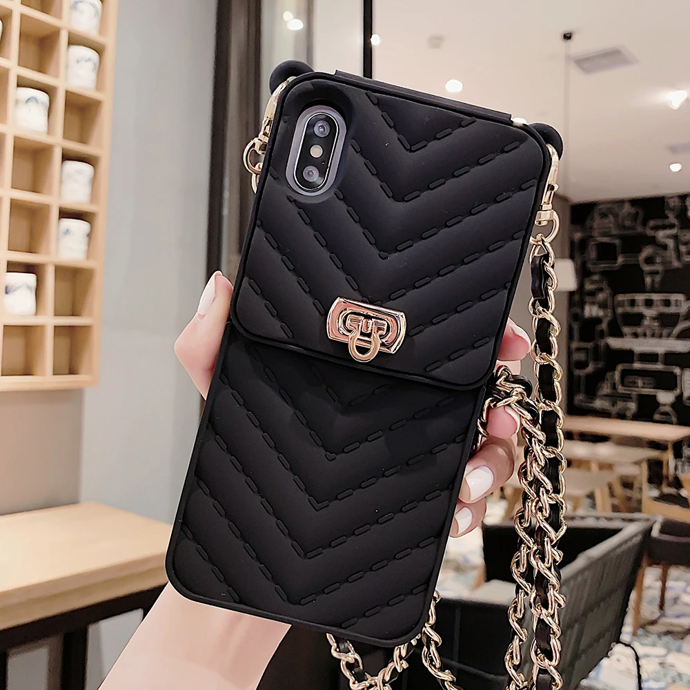 1PCS Black Чехол-кошелек для iPhone 11 Pro Max X 10 8 7 6s 6 Plus, силиконовая сумка на плечо для карт, кошелек с длинной цепочкой, чехол для телефона для iPhone XR XS Max - Цвет: 1PCS Black