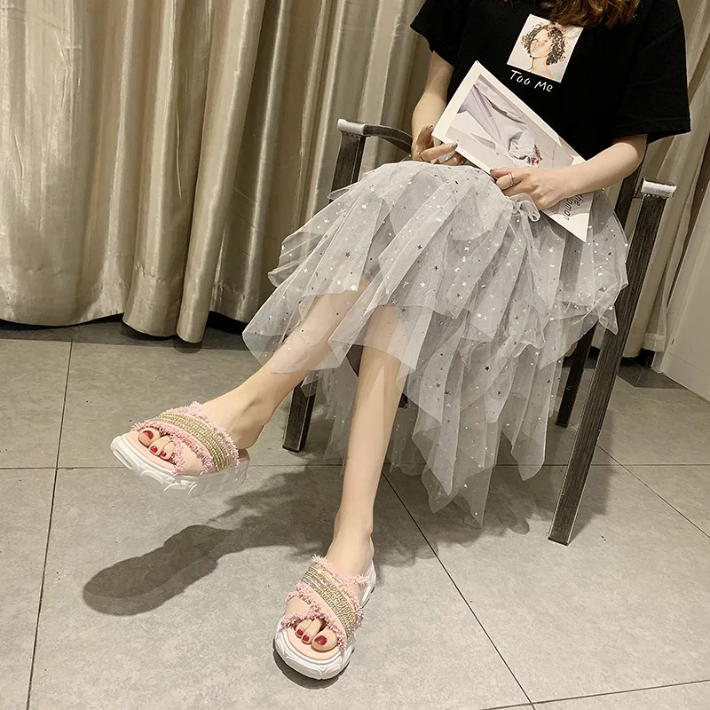 2019 Модные женские шлёпанцы для женщин со стразами летние туфли на плоской