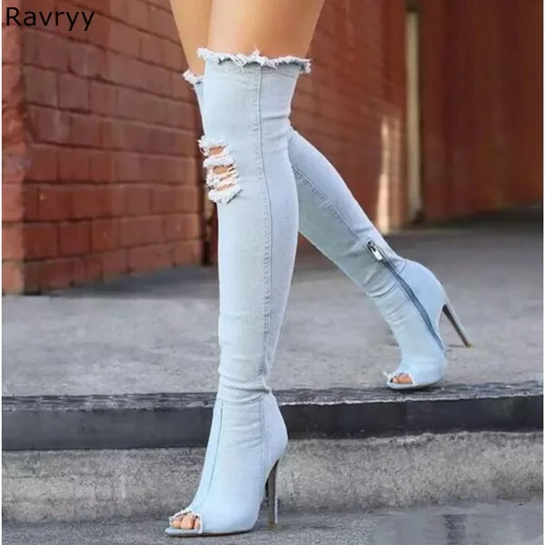 

Blue Denim Woman Long Boots Peep toe over-the-knee Boots hole retro style thin heel Autumn Winter Fashion Female dress Shoes