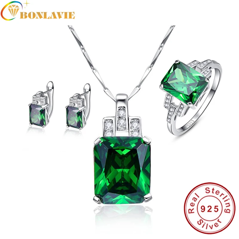 Серьги и кольца BONLAVIE из серебра 925 пробы с изумрудом 6/7/8/9|jewelry sets|jewelry sets weddingset for women