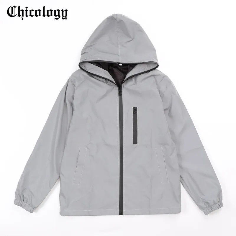 

Chicology flash reflective hooded jacket Pants 2 two piece set 2019 women fashion streetwear zipper long sleeve casual coat
