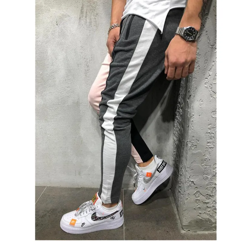 Мужские Slim Fit Пот Штаны Drawstring полосатый спортивный Штаны Цвет Блок Лоскутная Бег Брюки спортивные хип-хоп брюки повседневные штаны