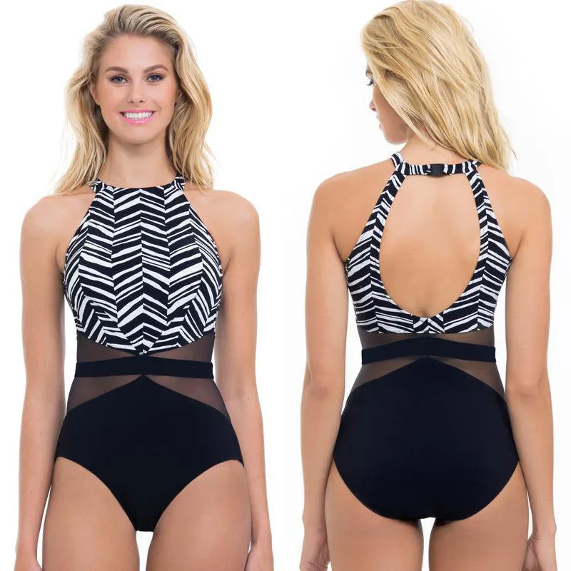 Женский купальник из прозрачной сетки сексуальный цельный в полоску с открытой