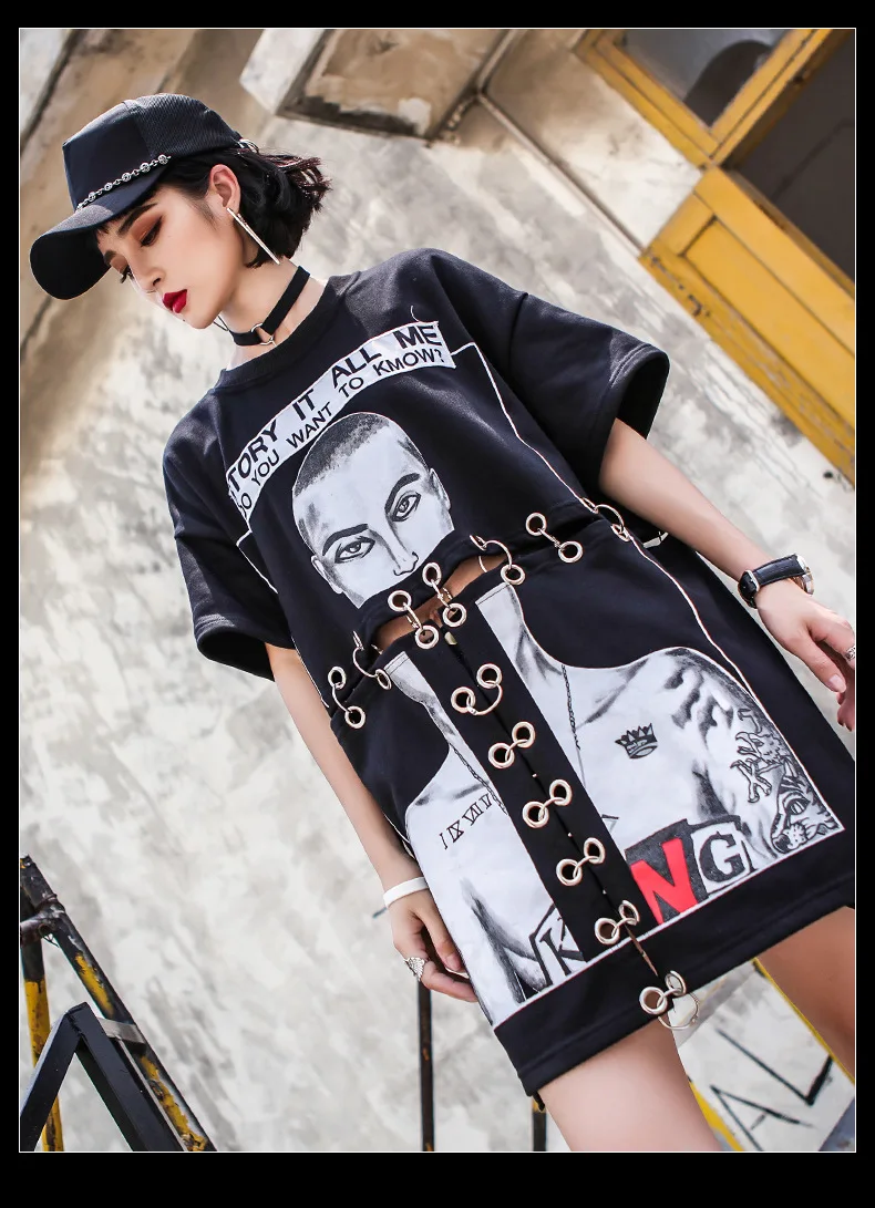 Готическая оправа на леске, пряжка, панк, уличная, Harajuku, Черный Принт, хип-хоп, свободная длинная футболка, топ, летняя футболка, свободная, плюс размер, футболка