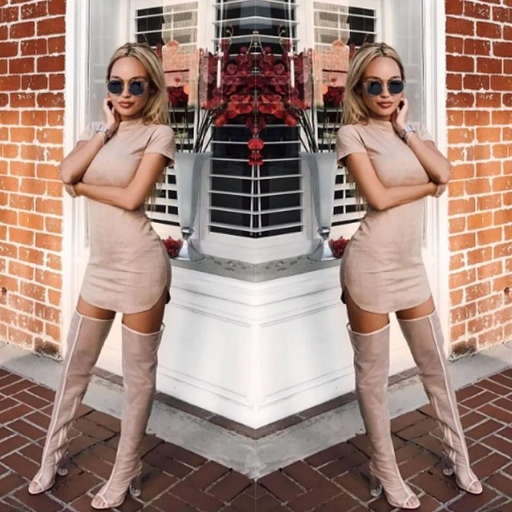 Новинка 2018 облегающее Замшевое платье с высоким воротником пикантное летнее