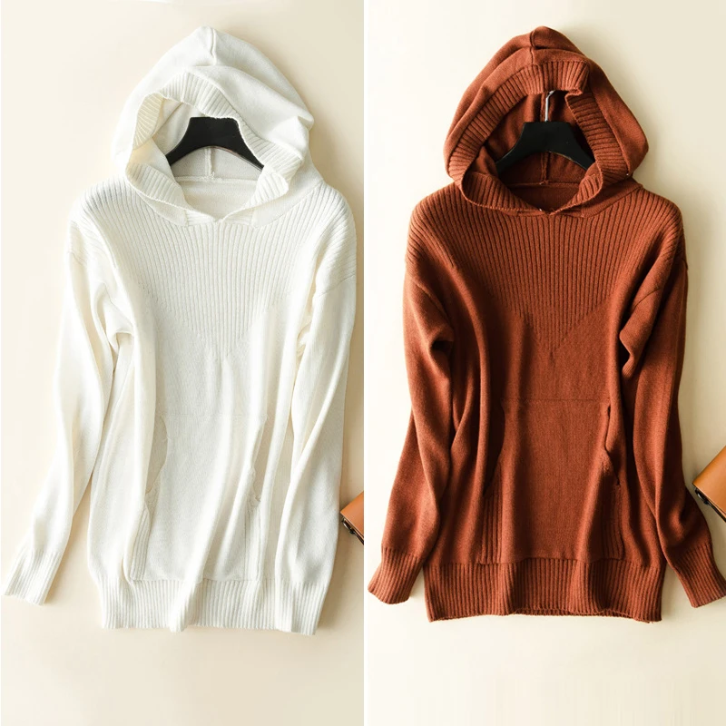 Cashmere Sweater with Hat Women Fashion Autumn Female Pullovers Knit Coat Blouse Winter Knitwear 2XL | Женская одежда