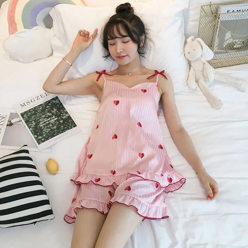 Синий лето 2019 милый Атласный Женский Топ на бретелях и шорты тонкий