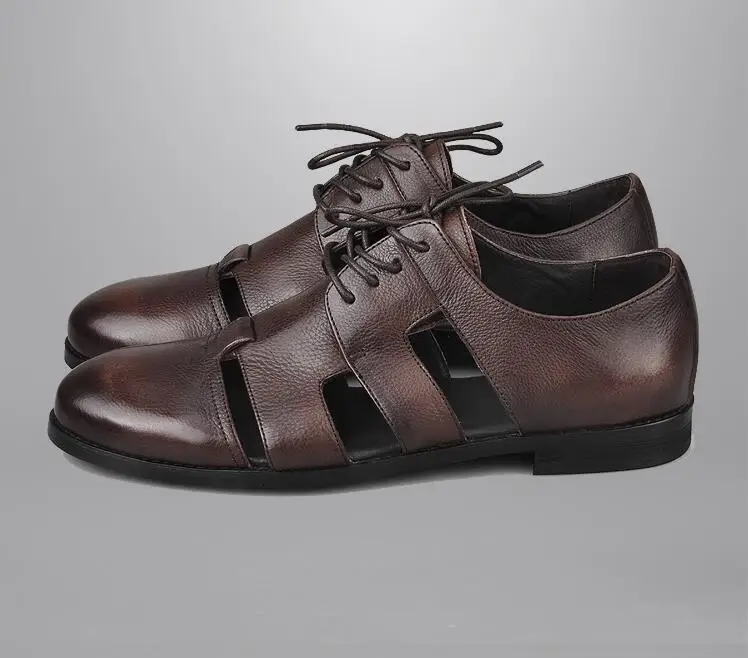 Мужские летние сандалии из натуральной кожи модельные туфли с вырезами обувь