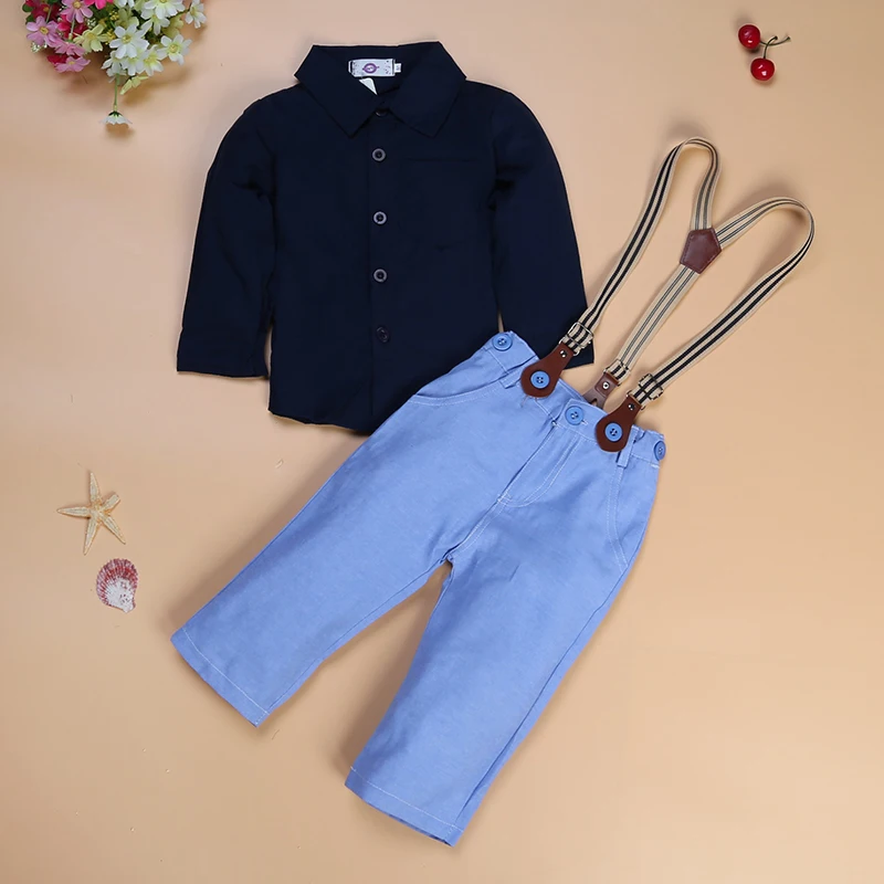 Elvesnest Kids Boys Clothing Set Spring Autumn Fashion Children Boy Clothes Suit Cotton Long Sleeve Shirt+Blue Strap Pants |