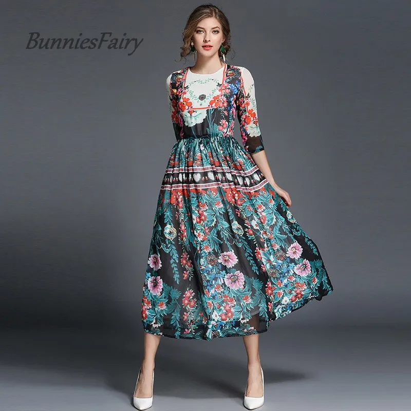 BunniesFairy 2017 Осень Европейский и американский стиль ретро цветочный принт три