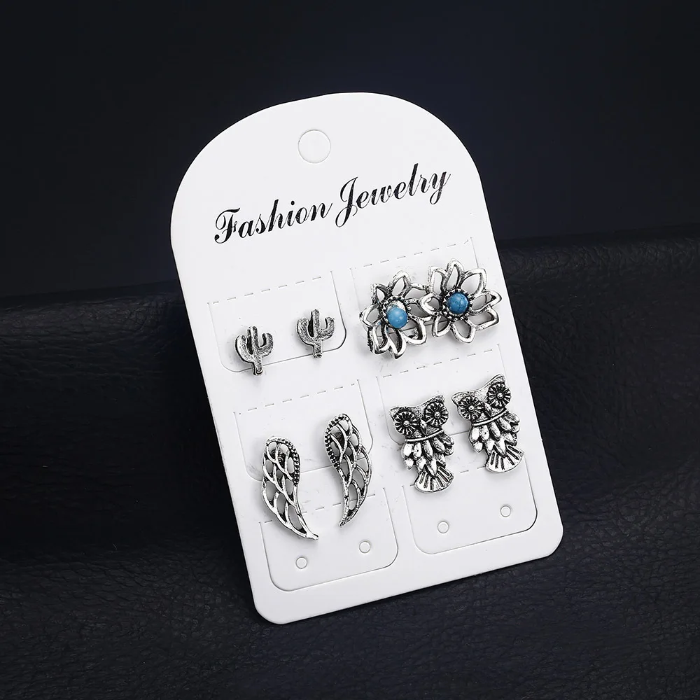 4 шт. современные женские серьги 2018 винтажные гвоздики в виде крыльев Совы лотоса