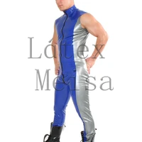 novelty mens sleeveless latex catsuit blue bodysuit attached front zip to ass main in blue with silver trim color