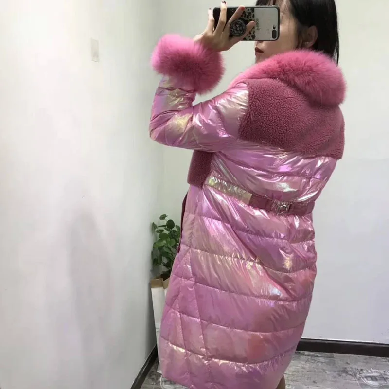 Пальто из овечьего меха, Зимняя женская куртка-пуховик из белого утиного пуха, теплая парка по настоящей цене, натуральный мех, воротник с отложным воротником, натуральный Лисий мех