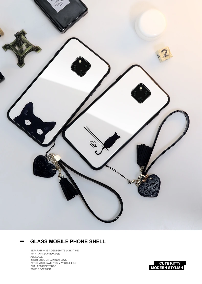 BONVAN чехол из закаленного стекла для huawei mate 20 Pro mate 20 милый чехол с котом для huawei mate 20 lite с кисточкой-сердцем ремешок чехол для телефона s
