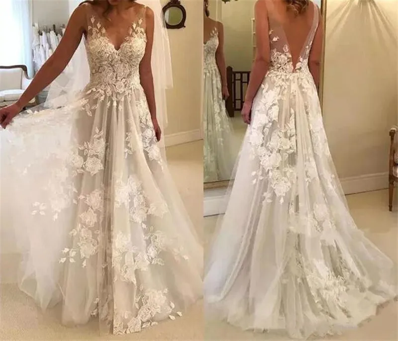Vestido de noiva 2019 Большие размеры Свадебные платья Длинные V шеи невесты спинки