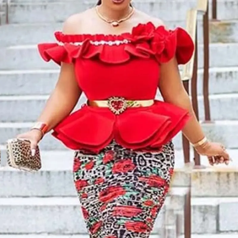 Summer Elegant Sexy Club Plus Size Sweet Blouse Women Slim Off Shoulder Plain Falbala Chic Vintage African Fashion Tops Shirts |