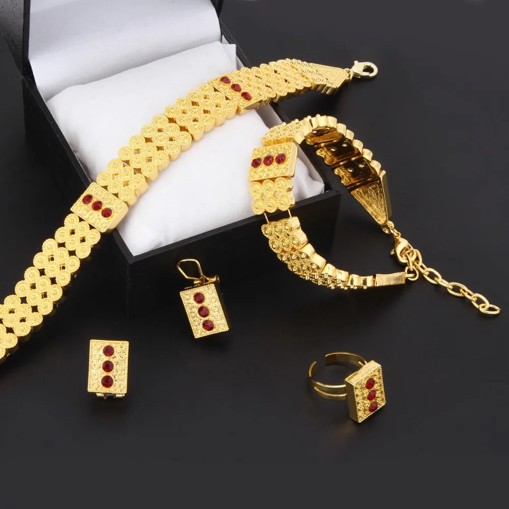 

24K Ethiopian Jewelry Choker Necklace Bracelet Earring Ring Crystalsets Africa Eritrea Bridal Wedding Jewelry Habesha Set Gifts