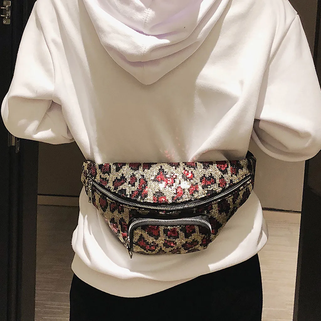 Женская кожаная сумка на плечо нейтральная молнии с блестками леопардовая