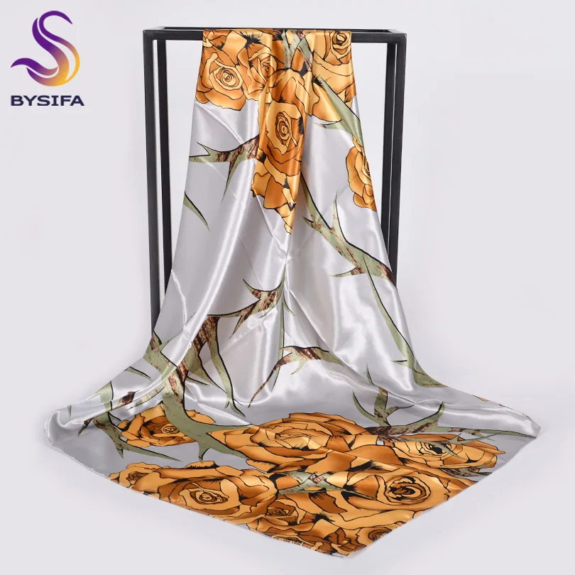 [BYSIFA] Grey Gold Silk Scarf Shawl Women Elegant Muslim Hijab New Brand Fall Winter Roses Design Head Cape 90*90cm |