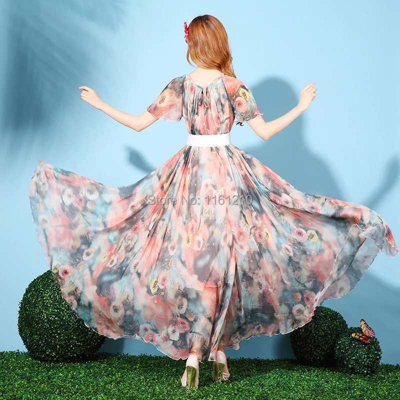 Летнее шифоновое платье с цветочным принтом для отдыха Пляжное рукавом бабочкой