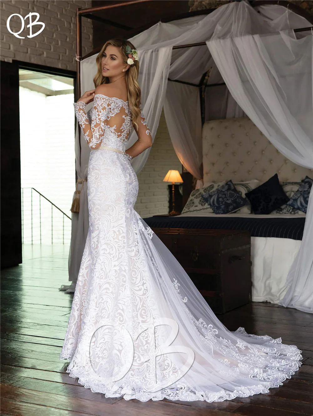 Женское свадебное платье-Русалка элегантное кружевное платье с длинным рукавом
