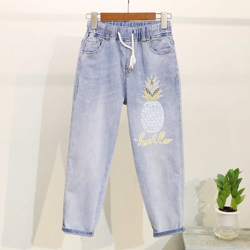 Women Summer Tees Jeans 2PCS Sets Beading Sequined Pineapple O-Neck Short Sleeve T-shirts+Lace-up Elastic Waist Denim Pants | Женская