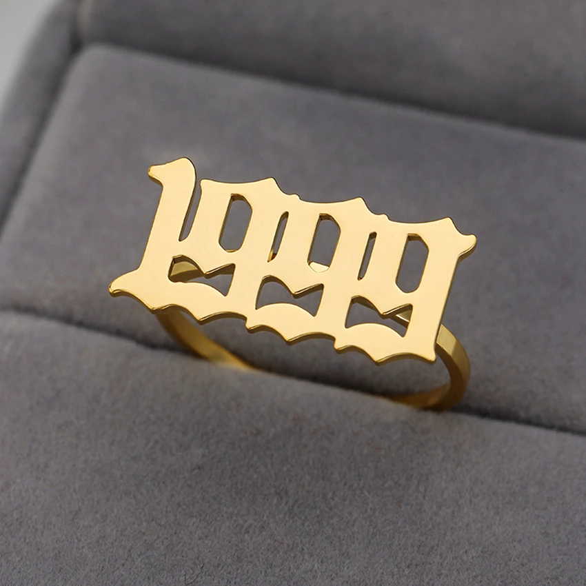 

Rose Custom Old English Number Birth Date Year Rings Handmade Personalized Name Ring Stainless Steel Jewelry Anniversary