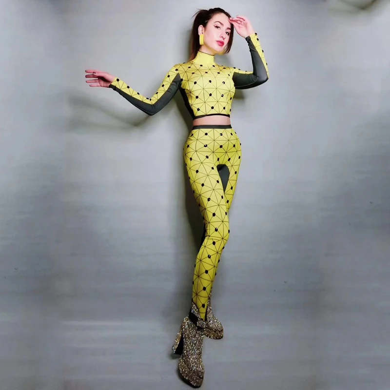 Фетиш ночной клуб сексуальный Zentai желтый костюм 2 шт. вечерняя одежда с длинным