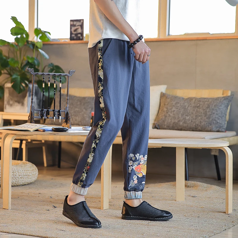 Chinese Style Retro Men Pants Brand New Loose Plus Size Harem Pant Casual Embroidery Mens Joggers Autumn Hot Sale Trouser | Мужская