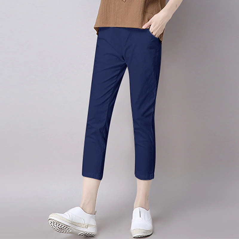 

2019 Summer Plus Size 4XL 5XL Pocket Female Trousers Women Linen Harem Pants Lady Elastic Waist Loose Casual Pants RE2343