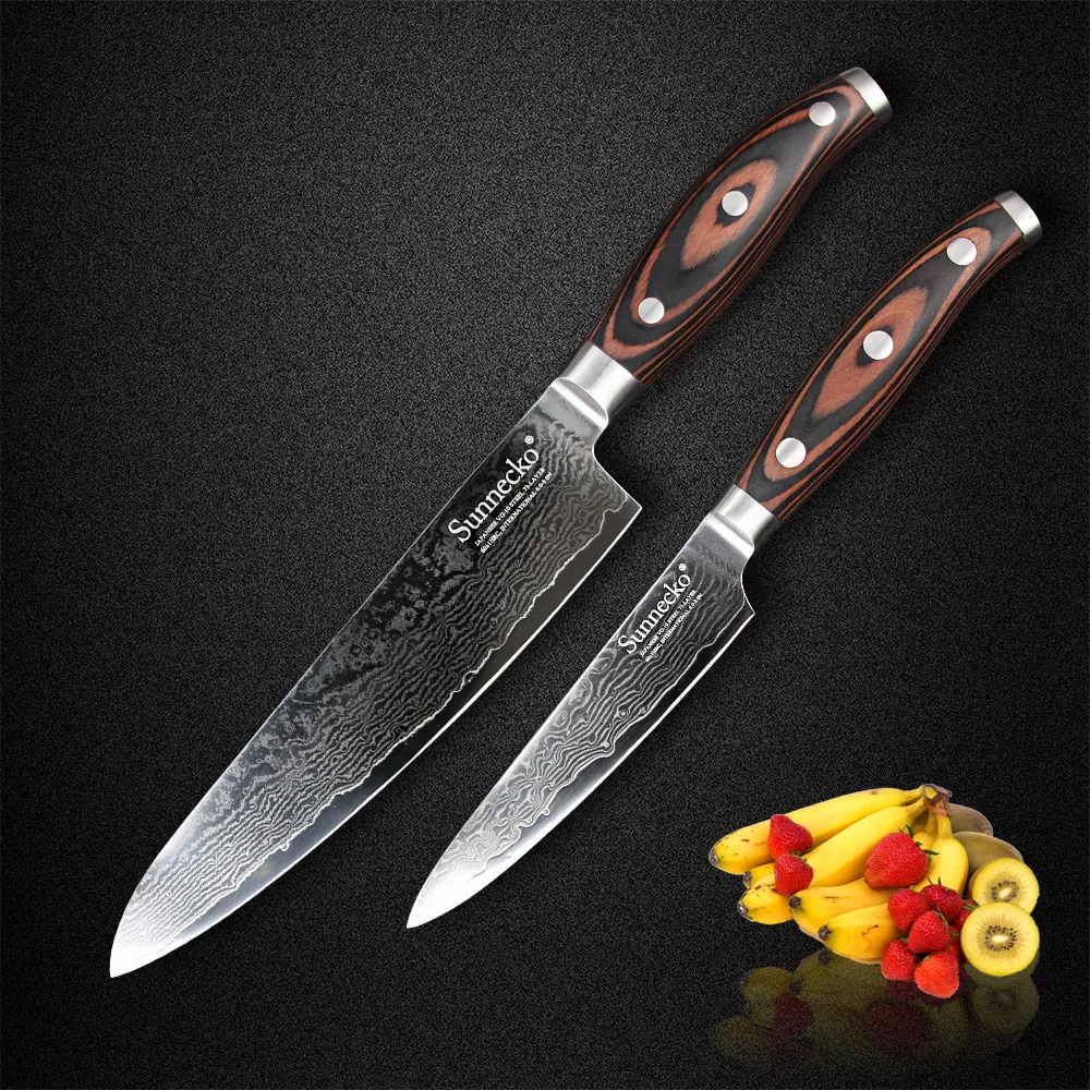 

Sunnecko 2PCS Kitchen Knives Set Japan Damascus VG10 Steel Sharp Knife 5'' Utility 8'' Chef Knife Pakka Wood Handle Meat Cutter