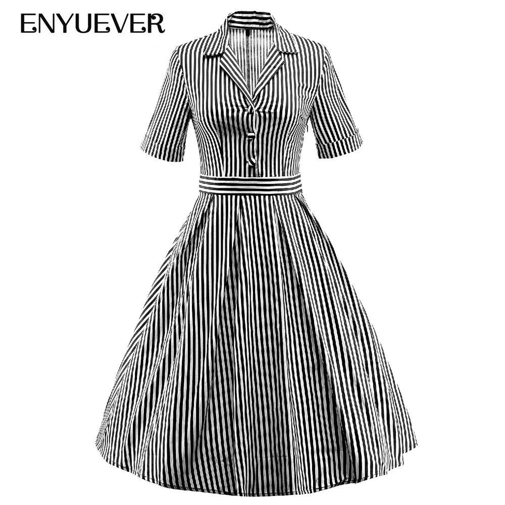 Enyuever платье в полоску плюс размеры большие качели короткий рукав элегантный