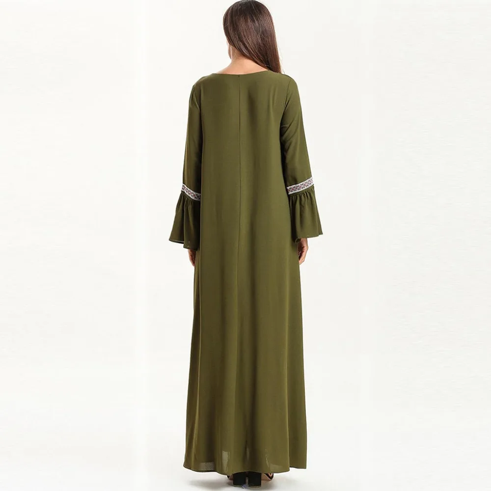 Женское платье с длинным рукавом Abaya хлопковое кафтан о вырезом и принтом в стиле