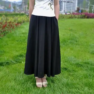 Black Skirt 15 цветов длинная юбка для женщин Весна Лето Повседневная Эластичная талия большой маятник линия пляж Saias женская льняная хлопковая юбка - Цвет: Black Skirt