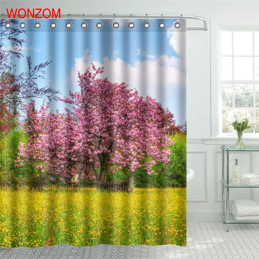 WONZOM Peach Tree Polyester Fabric Curtains For Bathroom Decor Modern Bath Waterproof Curtain with 12 Hooks Accessories | Дом и сад