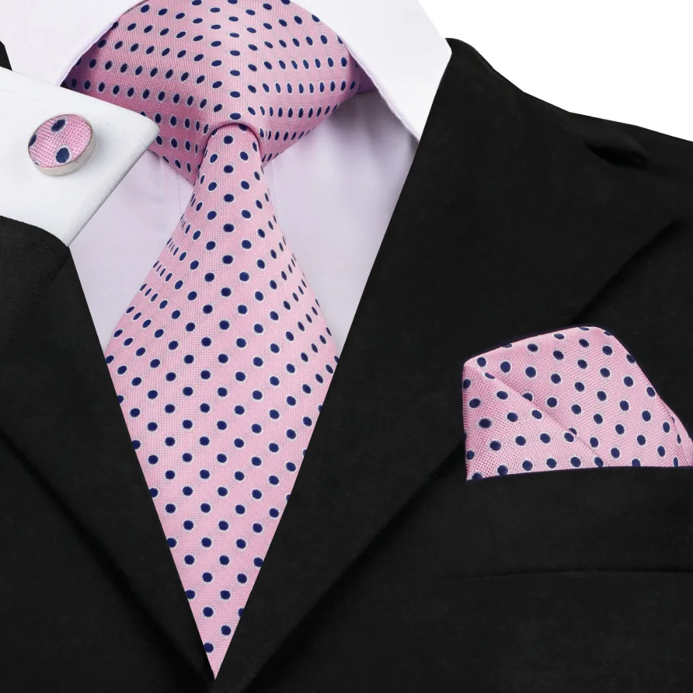 

C-1482 Hi-Tie New Arrival Neck Tie Set 8.5cm Polka Dot Mens Tie Pocket Square Cufflinks Pink Jacquard Silk Ties For Men Corbatas