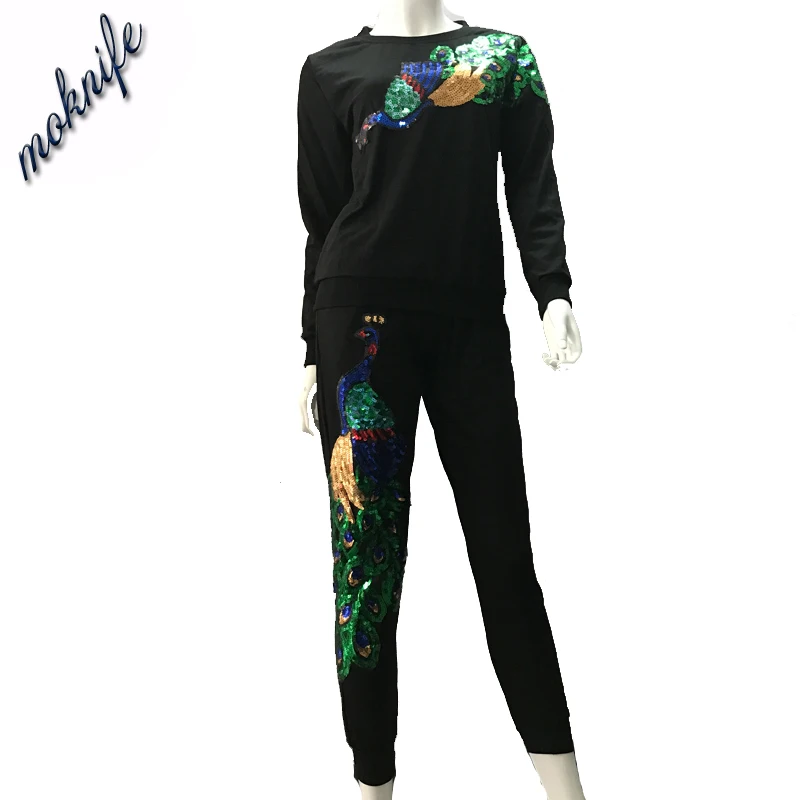 

2016 summer and autumn casual clothes female 2 piece set peacock trousers with sequins women's tracksuits Retro suits female
