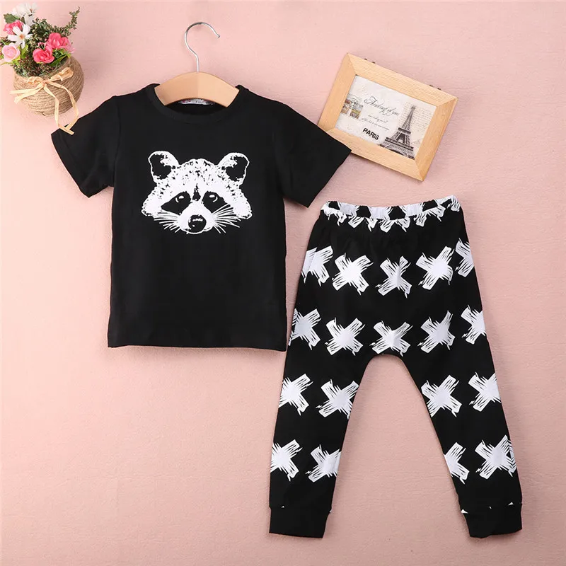 Cute Little Raccoon Baby Girls Boys Summer Clothes Sets Causal Cotton Tops Wear + Long Printing Pants Newborn Outfits | Детская одежда